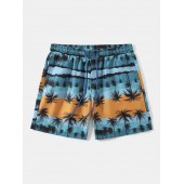 Men Palm Tree Hawaiian Style Drawstring Elastic Waist Shorts