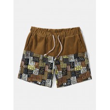 Mens Tribal Pattern Patchwork Ethnic Style Corduroy Drawstring Shorts