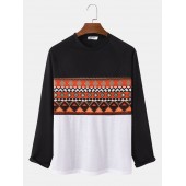 Mens Vintage Argyle Pattern Stitching Crew Neck Long Sleeve T  Shirts